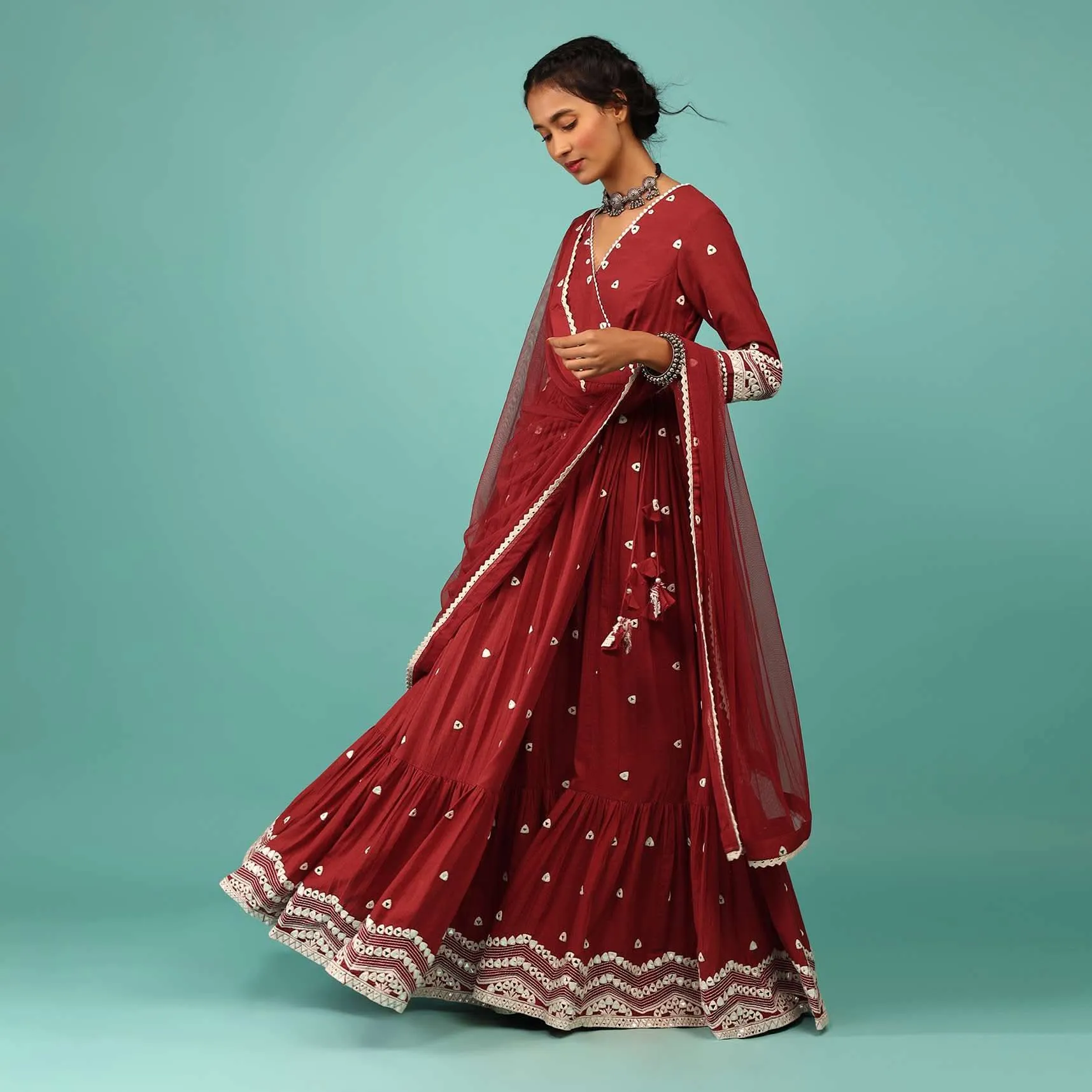 Apple Red Anarkali Kurta In Lucknowi Geometric Embroidery With Angrakha Pattern & Bottom Frill