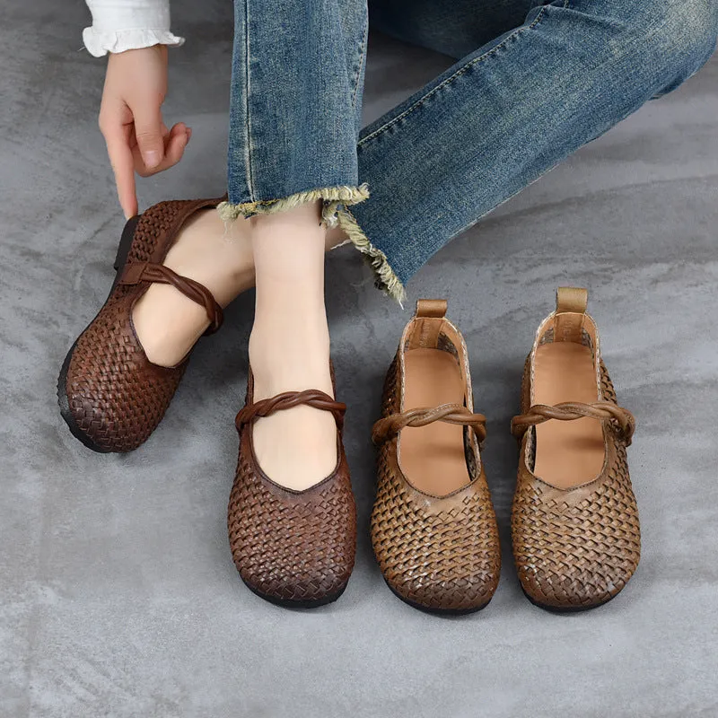 Babakud Women Spring Retro Handwoven Leather Casual Flats