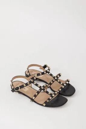 Black & Gold Leather Rockstud Caged Sandal