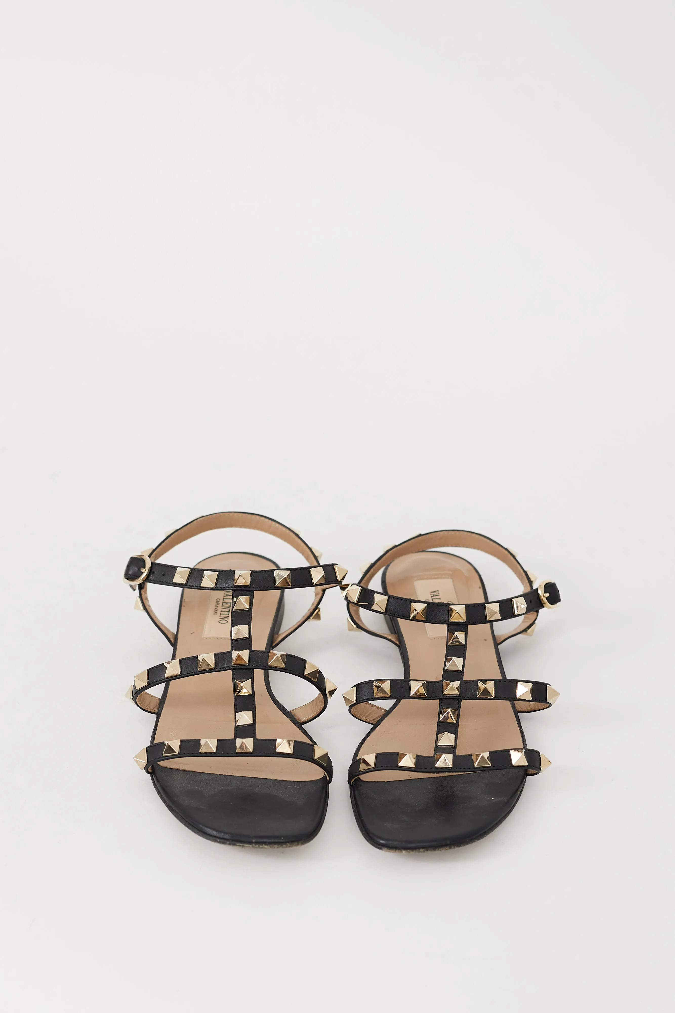Black & Gold Leather Rockstud Caged Sandal