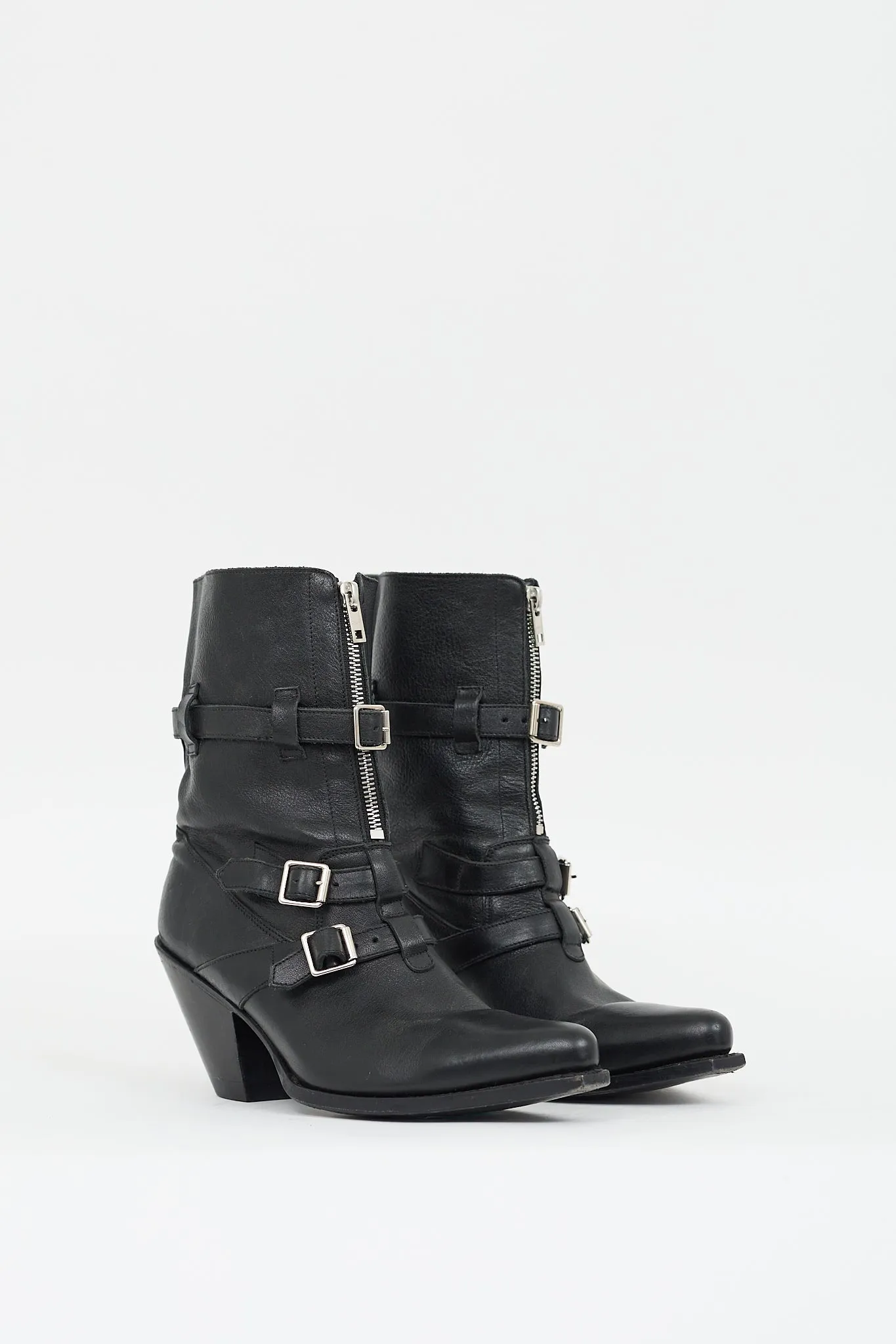 Black Leather Buckled Zip Boot