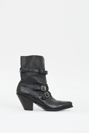 Black Leather Buckled Zip Boot