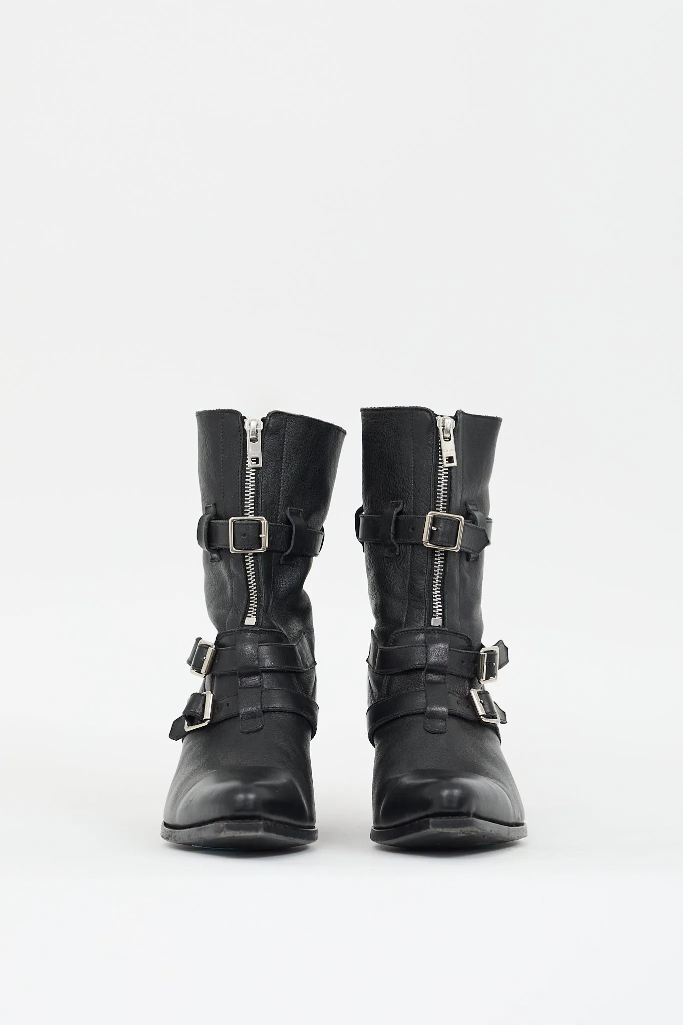 Black Leather Buckled Zip Boot