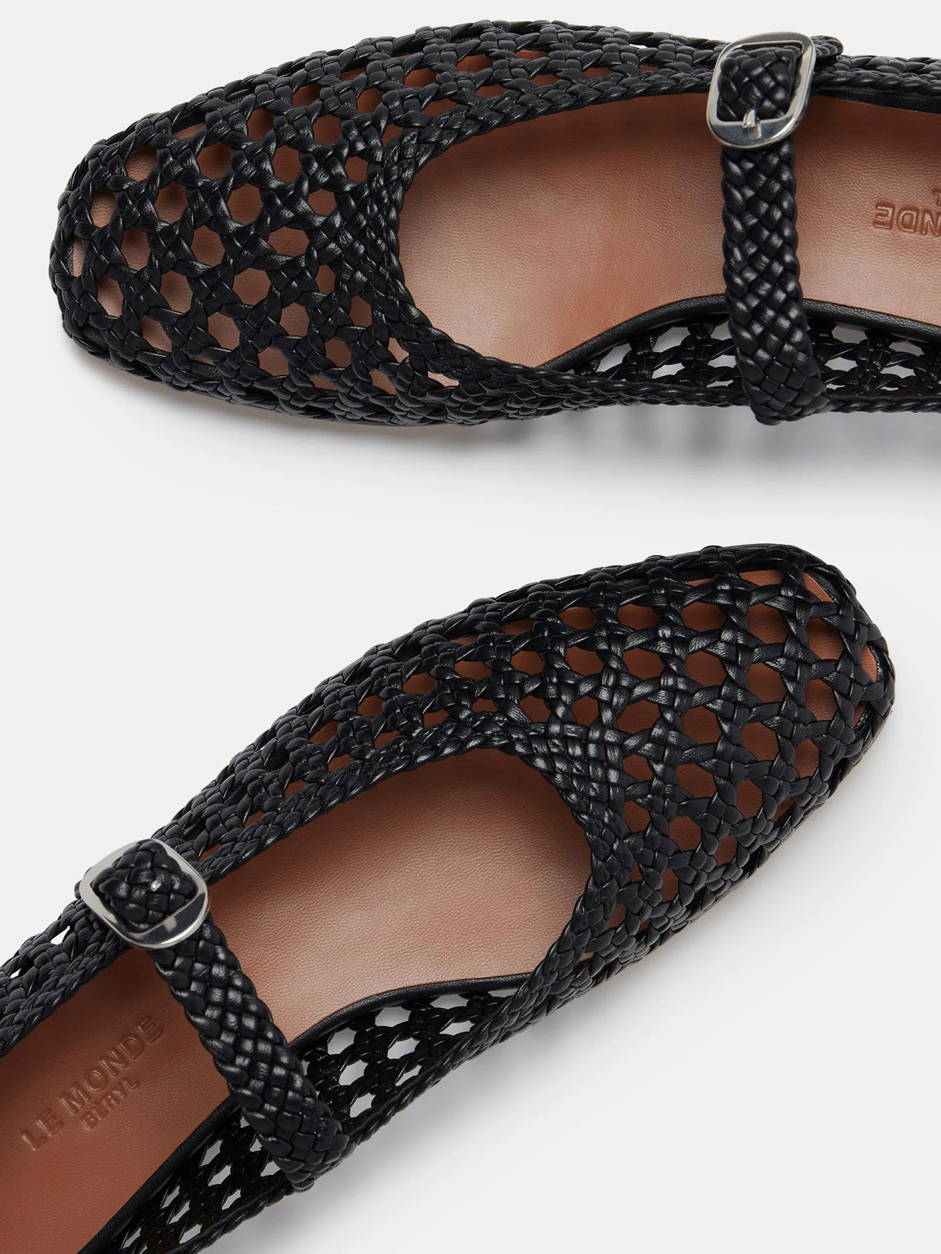 Black leather woven Mary Jane flats