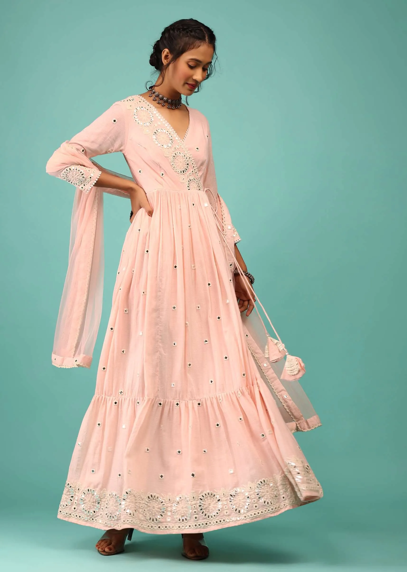 Candy Pink Anarkali Kurta In Floral Lucknowi Embroidery With Angrakha Pattern & Surplice Neckline