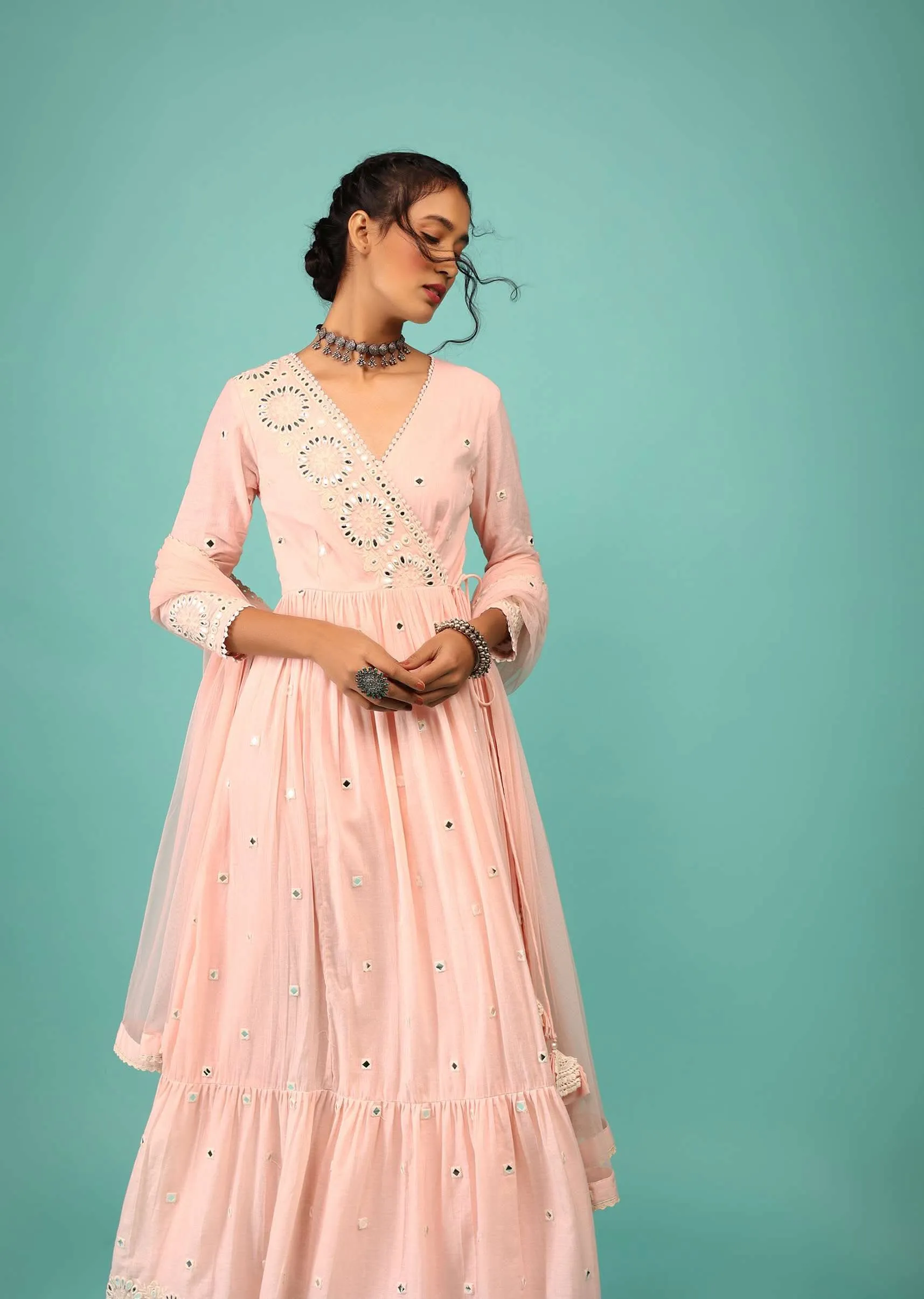 Candy Pink Anarkali Kurta In Floral Lucknowi Embroidery With Angrakha Pattern & Surplice Neckline