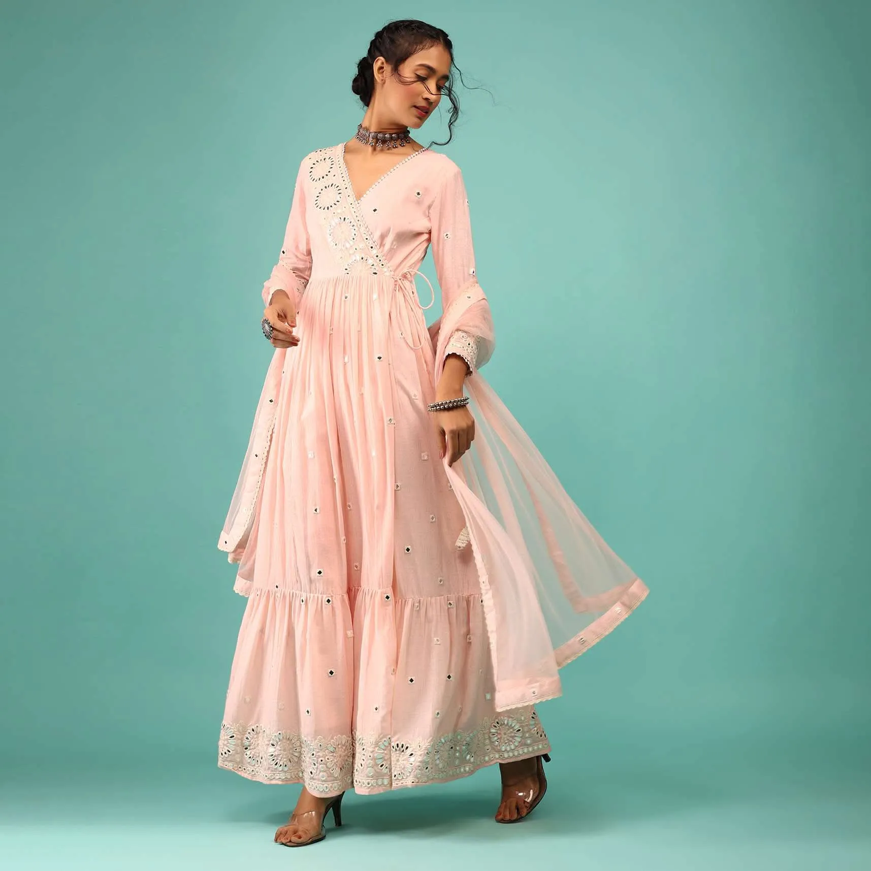 Candy Pink Anarkali Kurta In Floral Lucknowi Embroidery With Angrakha Pattern & Surplice Neckline