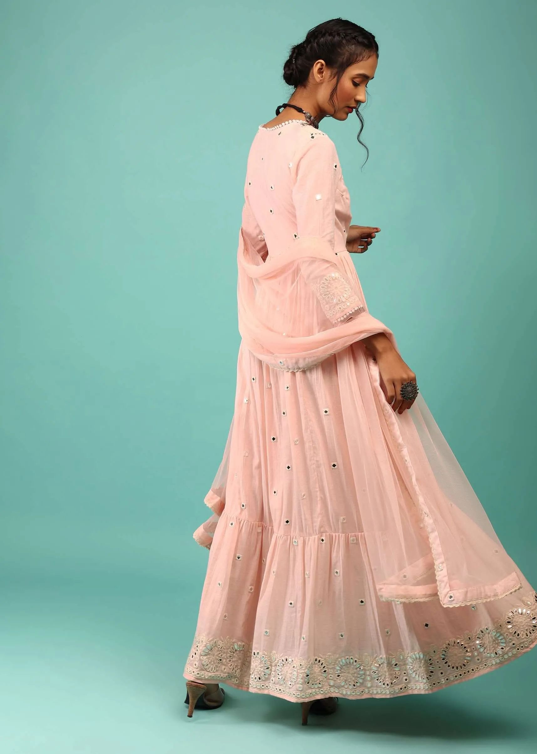 Candy Pink Anarkali Kurta In Floral Lucknowi Embroidery With Angrakha Pattern & Surplice Neckline