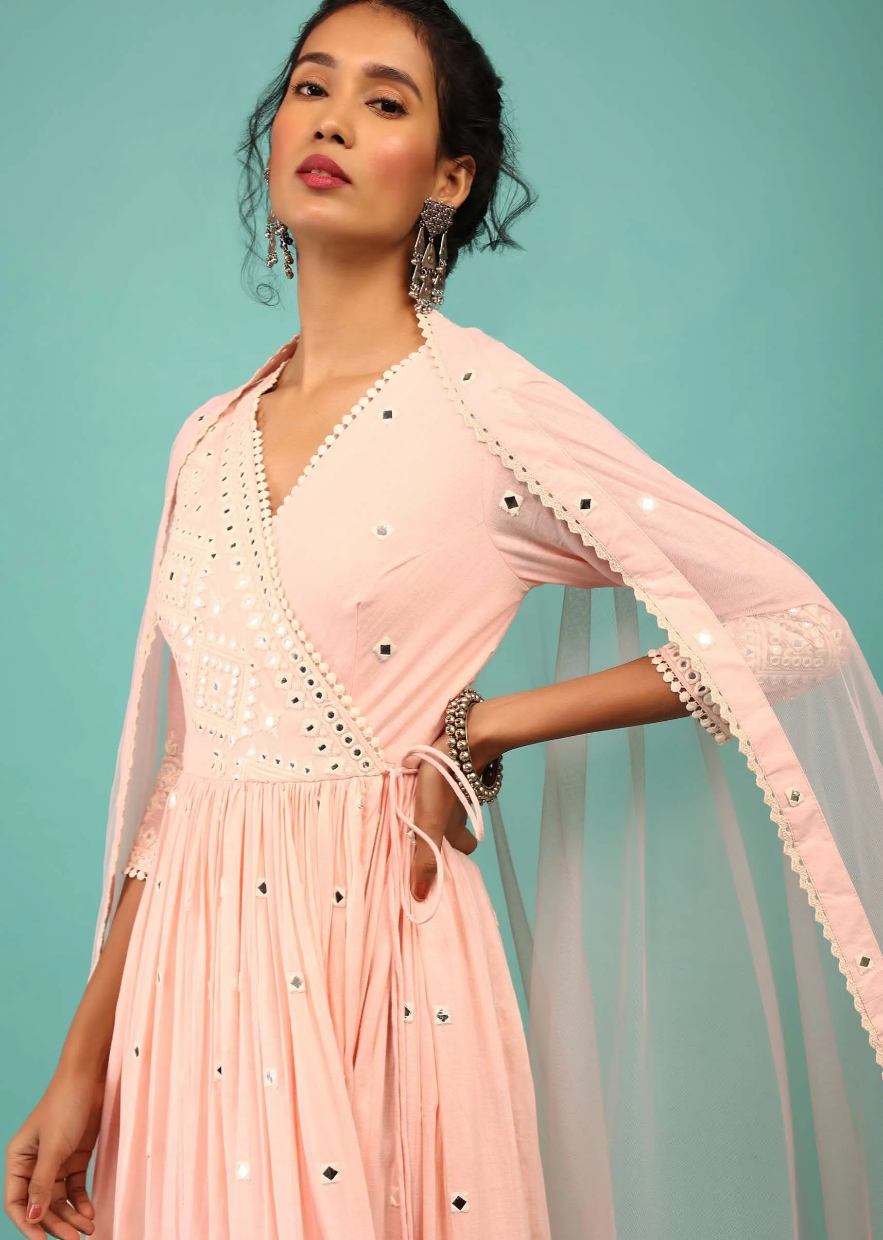Candy Pink Anarkali Kurta In Lucknowi Geometric Embroidery With Angrakha Pattern & Bottom Frill