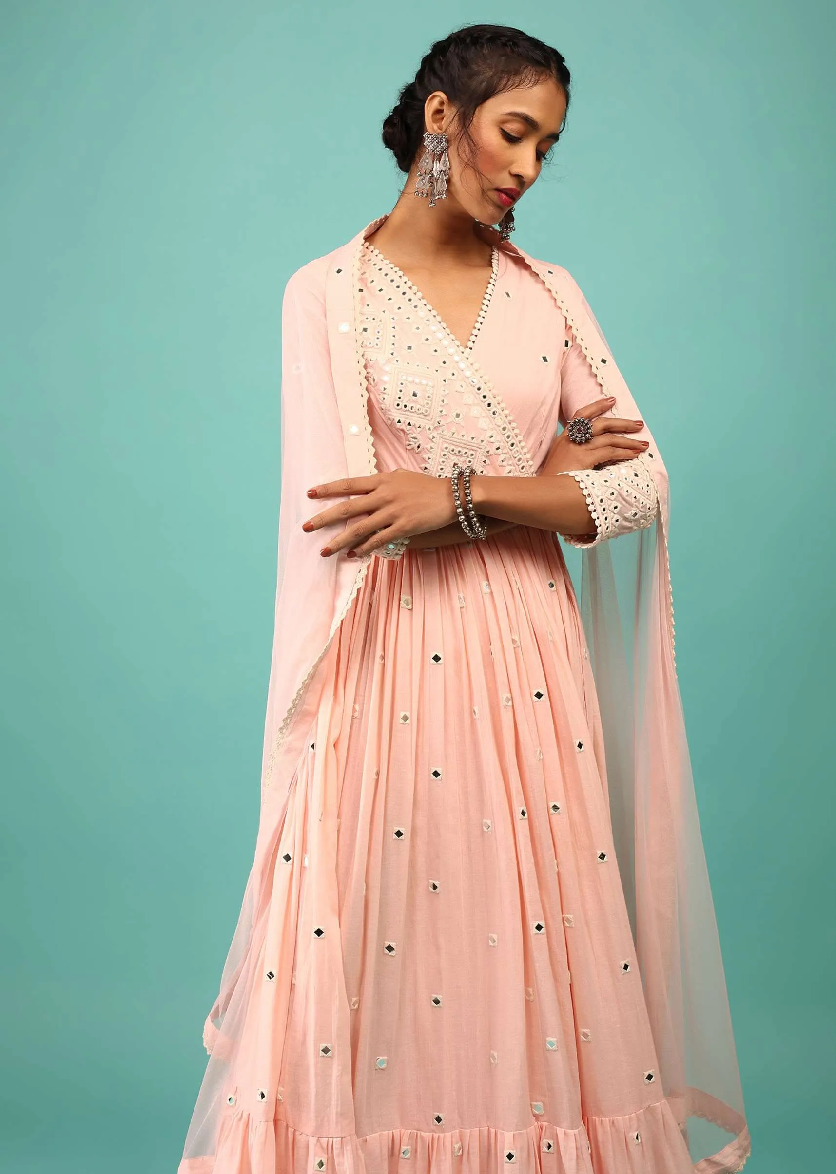 Candy Pink Anarkali Kurta In Lucknowi Geometric Embroidery With Angrakha Pattern & Bottom Frill