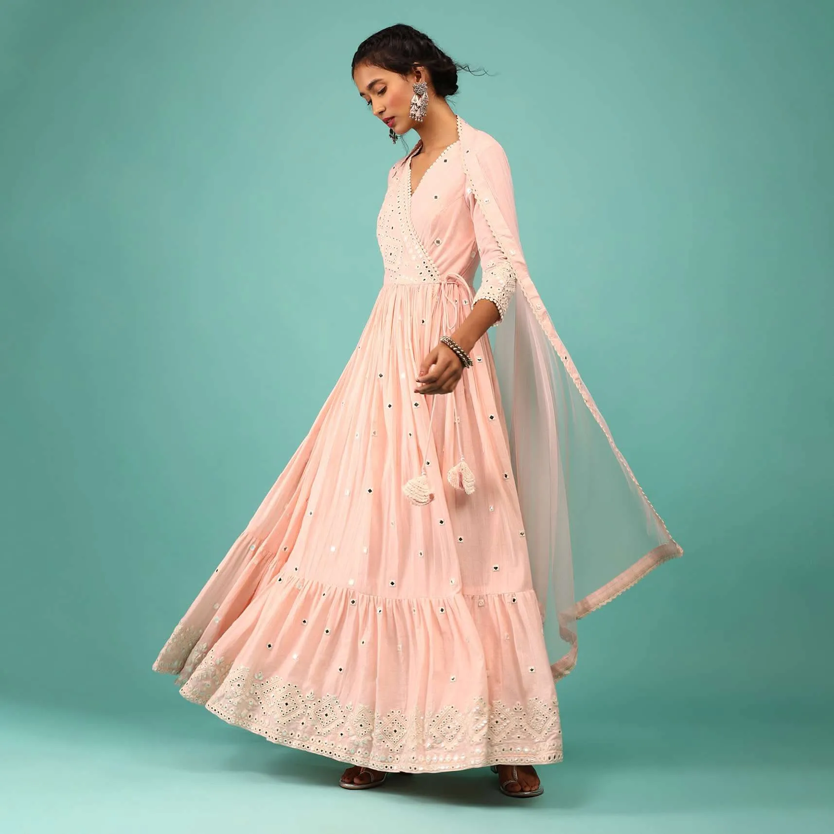 Candy Pink Anarkali Kurta In Lucknowi Geometric Embroidery With Angrakha Pattern & Bottom Frill