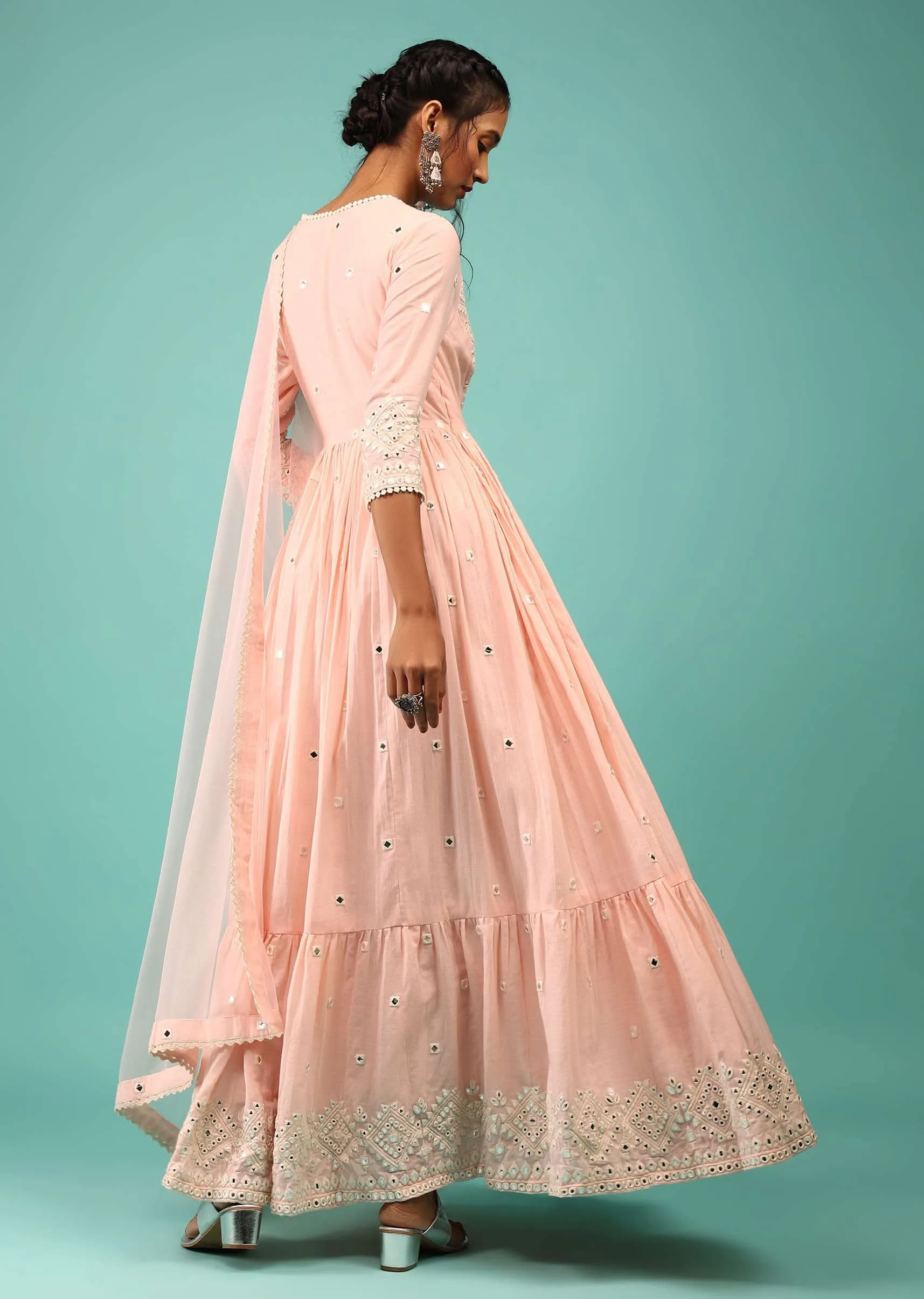 Candy Pink Anarkali Kurta In Lucknowi Geometric Embroidery With Angrakha Pattern & Bottom Frill