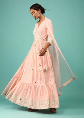 Candy Pink Anarkali Kurta In Lucknowi Geometric Embroidery With Angrakha Pattern & Bottom Frill