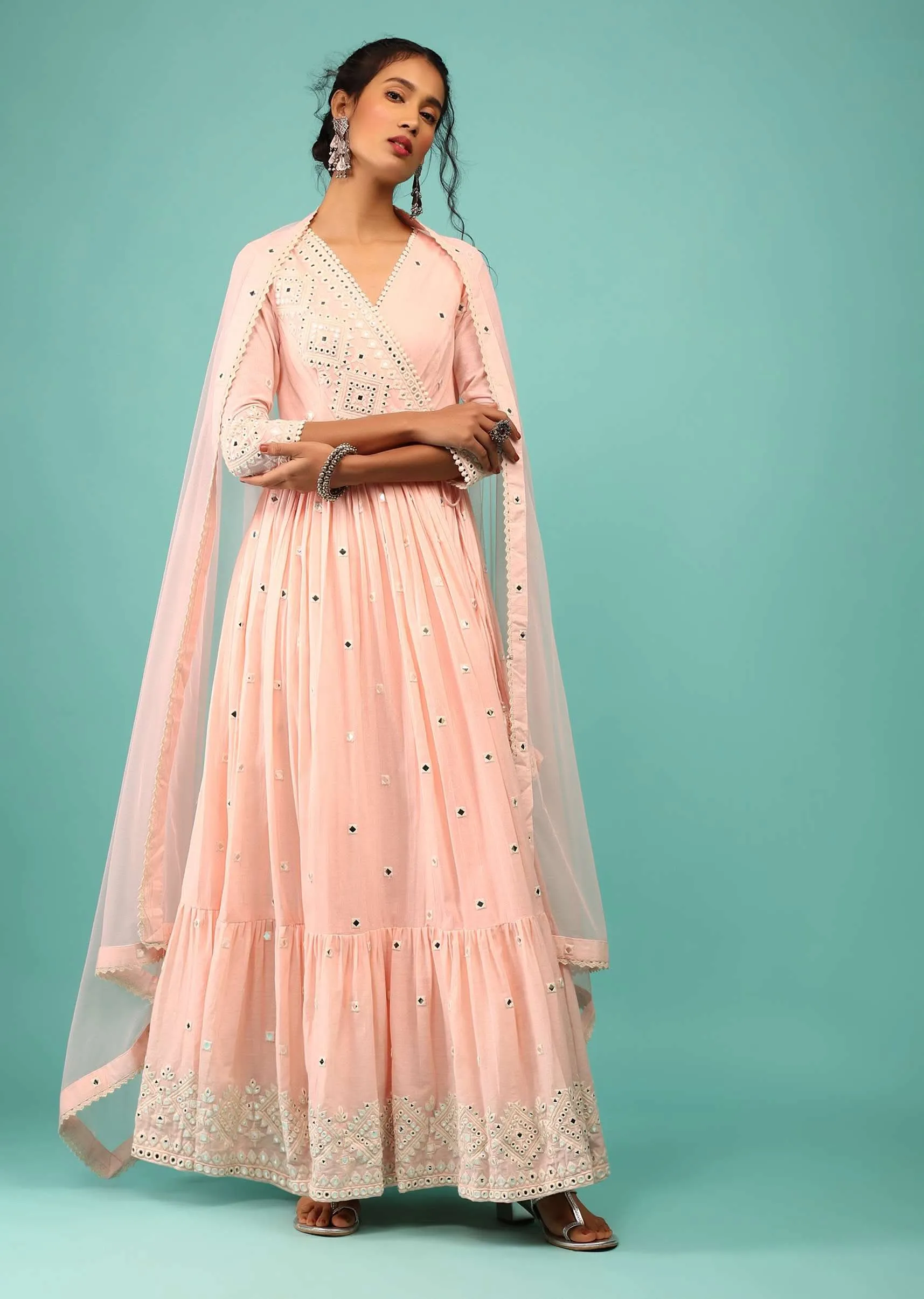 Candy Pink Anarkali Kurta In Lucknowi Geometric Embroidery With Angrakha Pattern & Bottom Frill