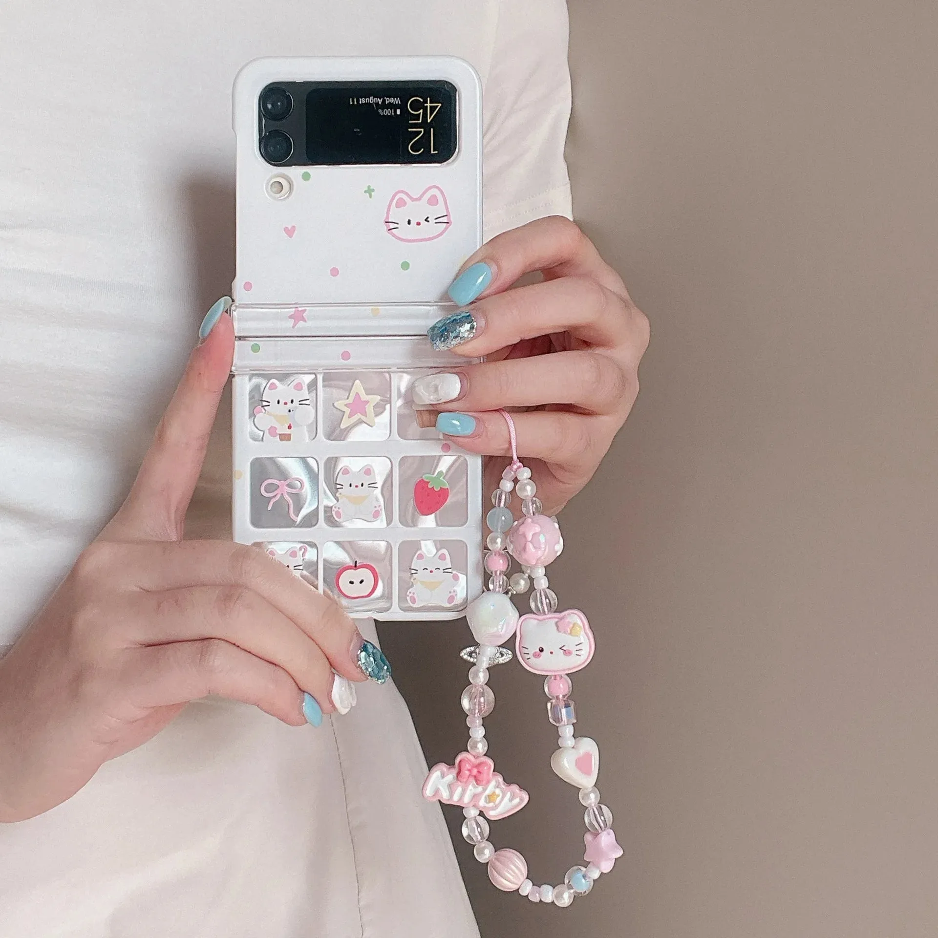 Cute Cat Charm Wristlet Strap Phone Case Cover for Samsung Z Flip