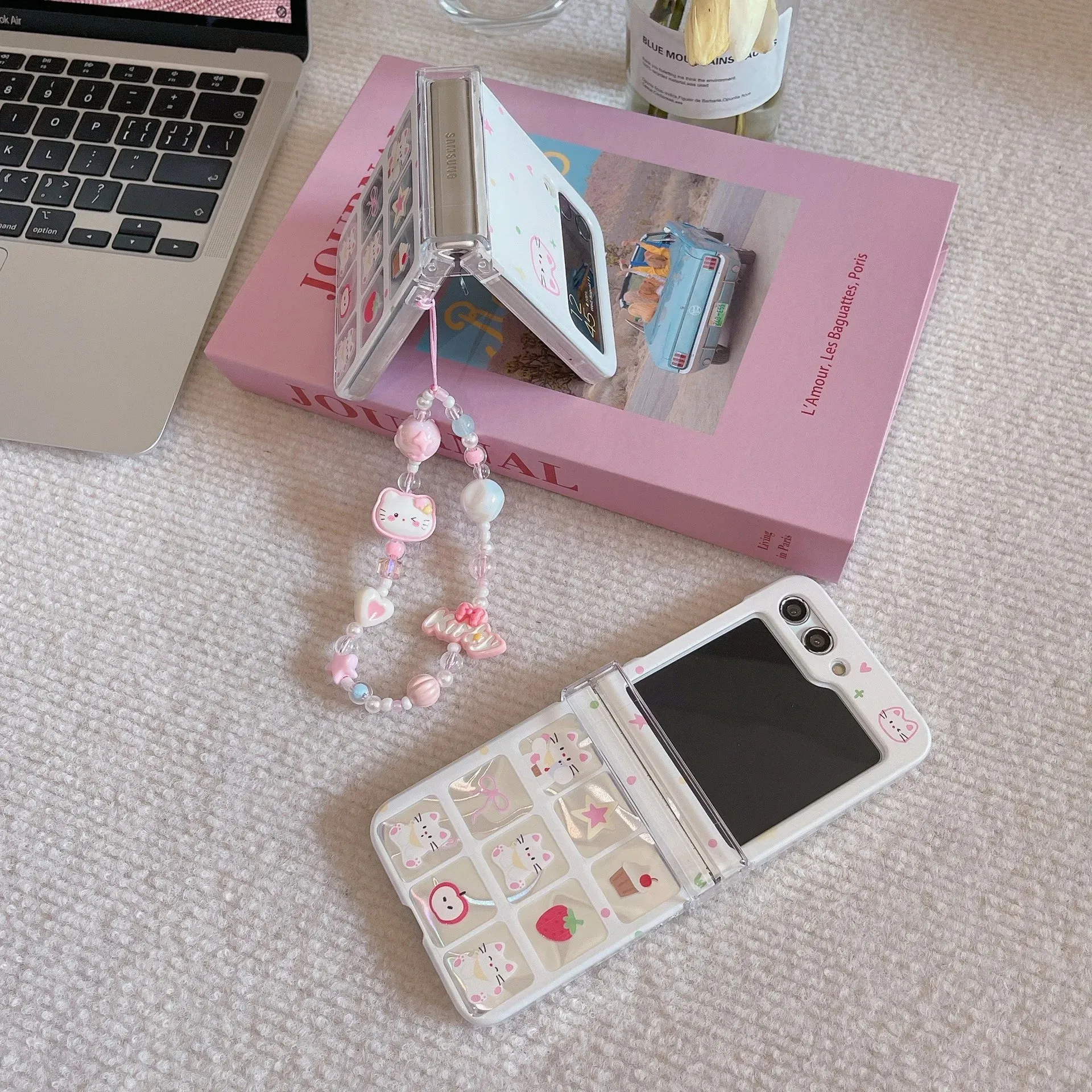 Cute Cat Charm Wristlet Strap Phone Case Cover for Samsung Z Flip