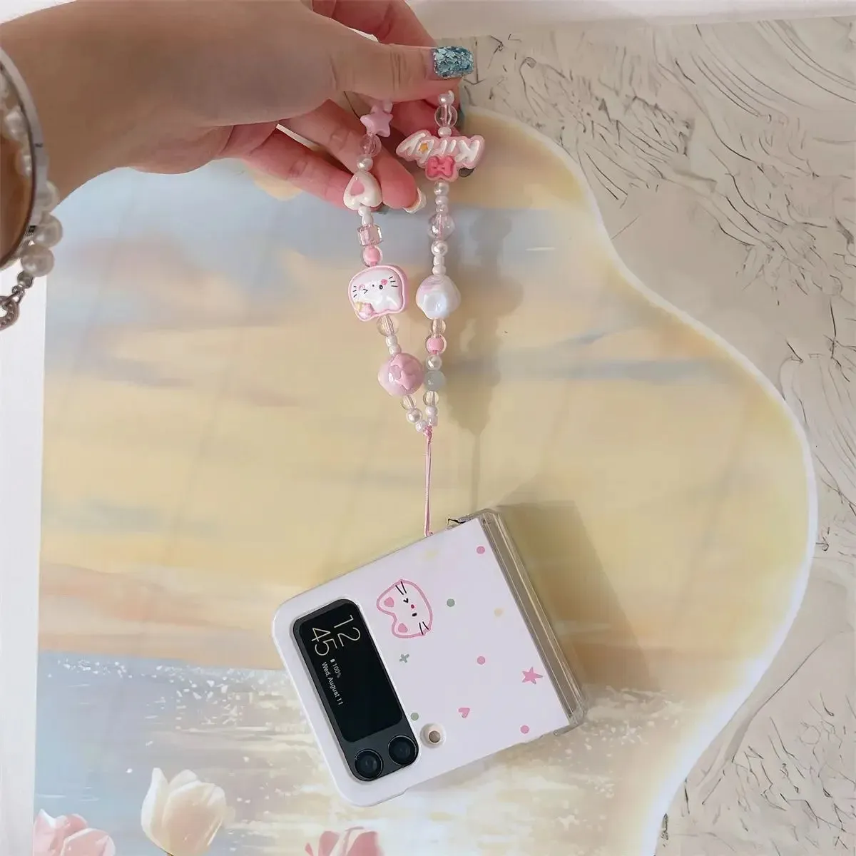 Cute Cat Charm Wristlet Strap Phone Case Cover for Samsung Z Flip