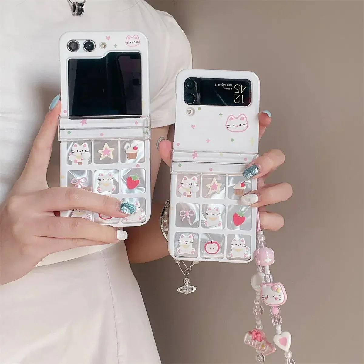 Cute Cat Charm Wristlet Strap Phone Case Cover for Samsung Z Flip