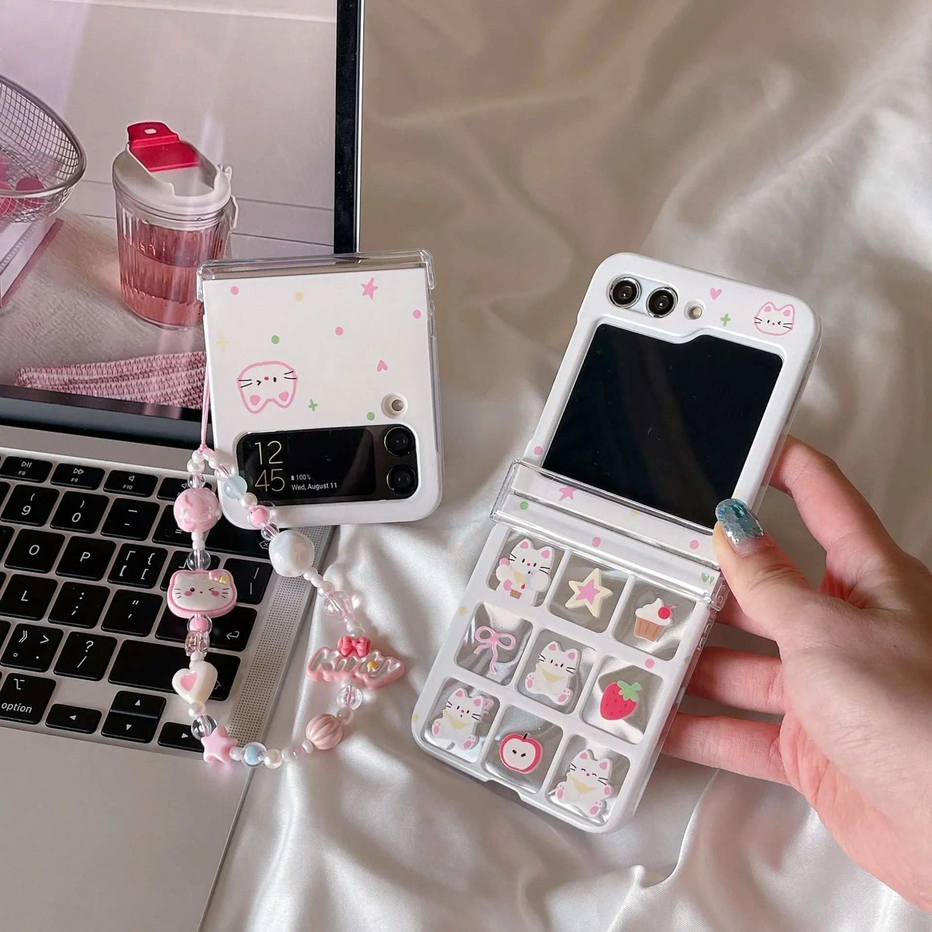Cute Cat Charm Wristlet Strap Phone Case Cover for Samsung Z Flip