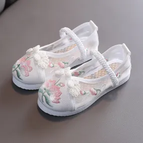 KAMAMES Hanfu Girls' Embroidered Mesh Surface Shoes Sandals Vintage Embroidered Ethnic Style Old Beijing Children's Watch Performance Cloth Shoes Generation