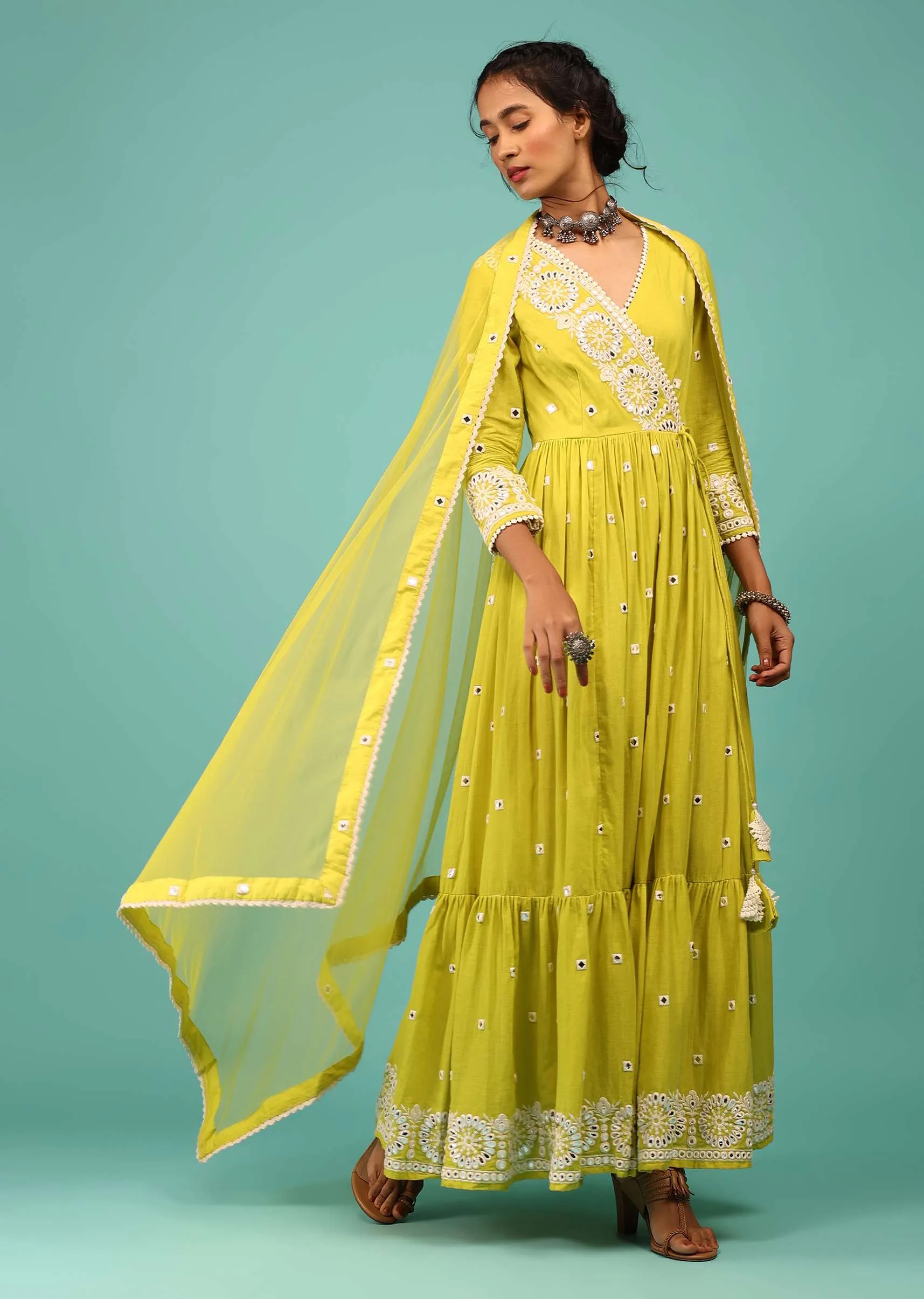 Lime Yellow Anarkali Kurta In Lucknowi Floral Embroidery With Angrakha Pattern & Surplice Neckline