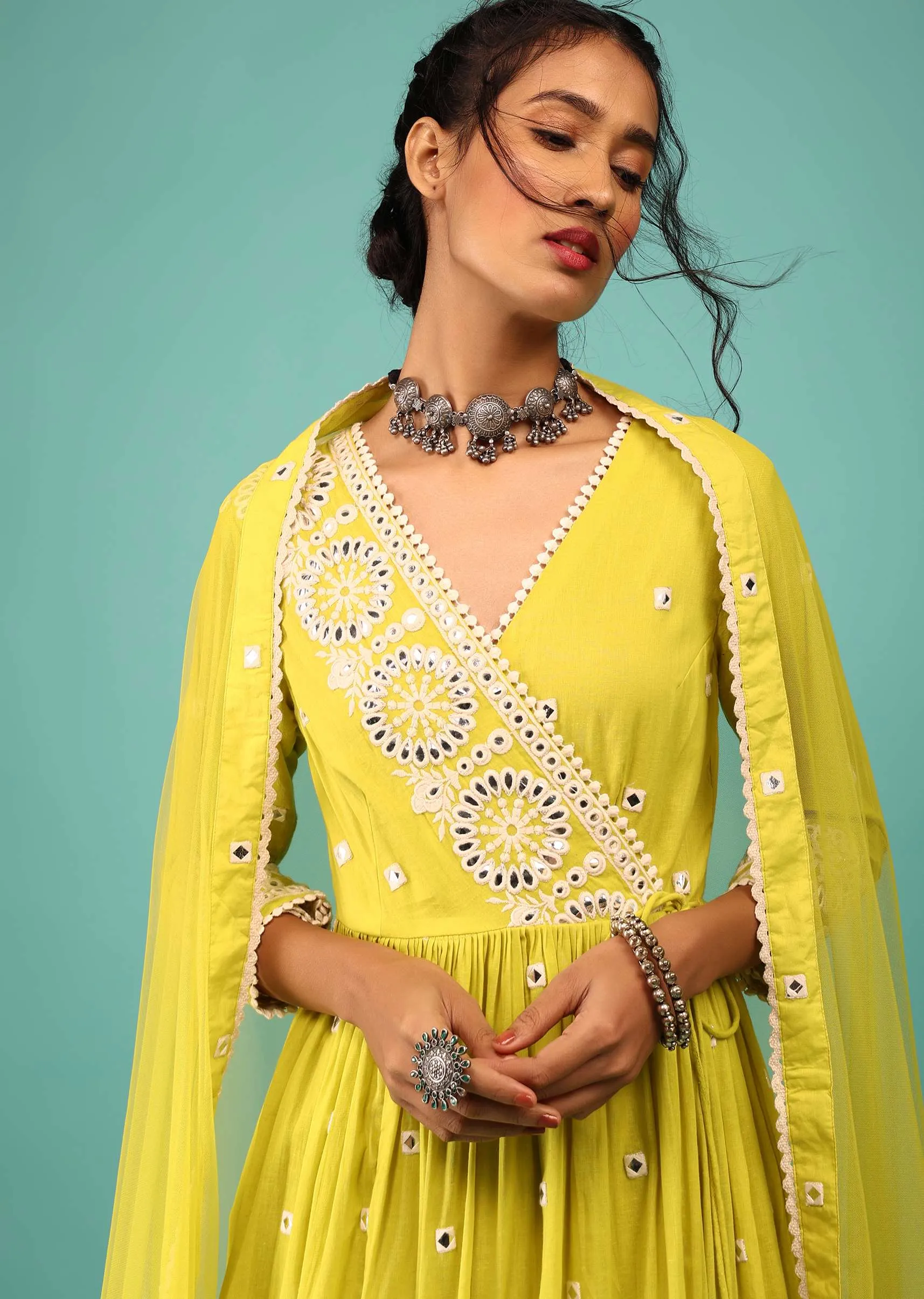 Lime Yellow Anarkali Kurta In Lucknowi Floral Embroidery With Angrakha Pattern & Surplice Neckline
