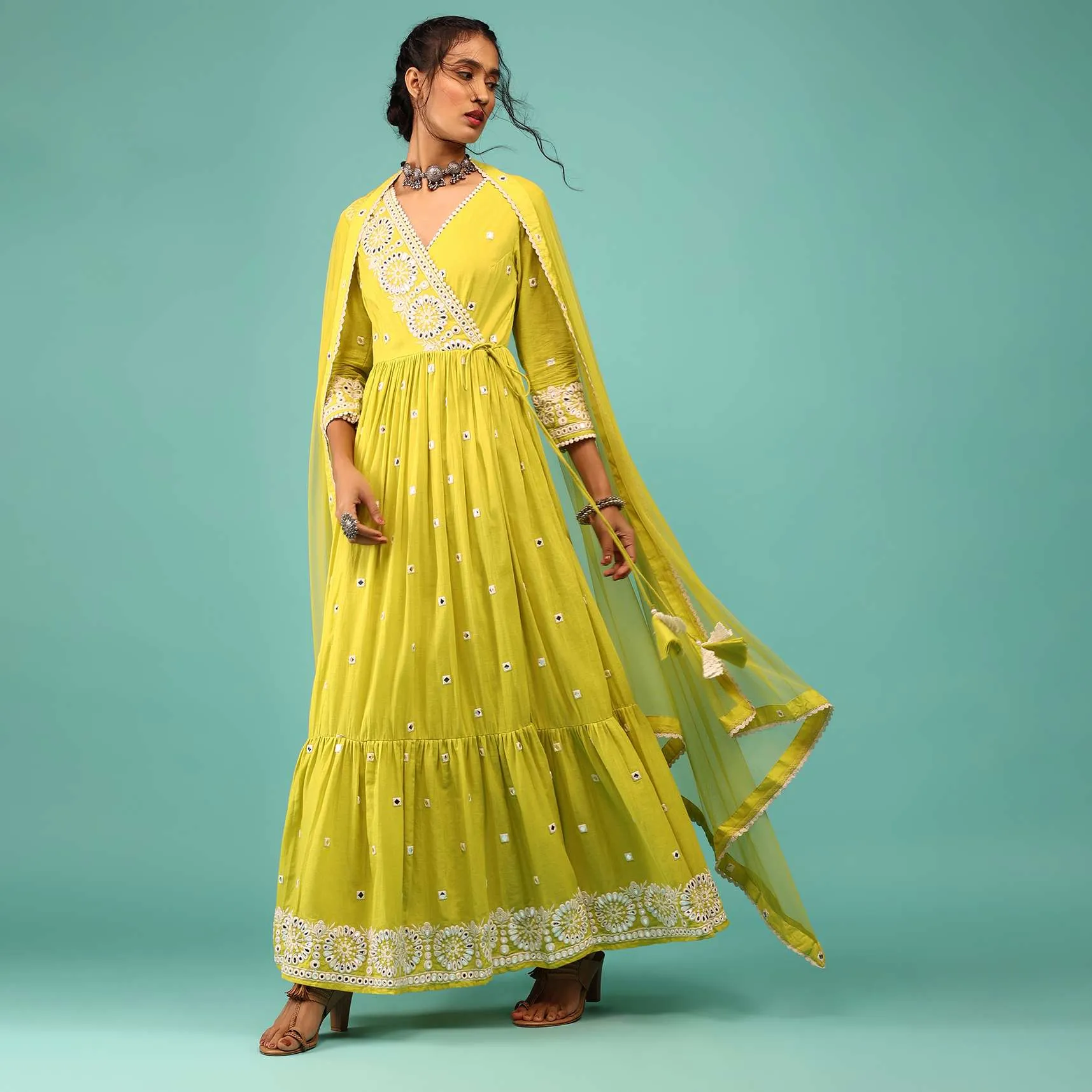 Lime Yellow Anarkali Kurta In Lucknowi Floral Embroidery With Angrakha Pattern & Surplice Neckline