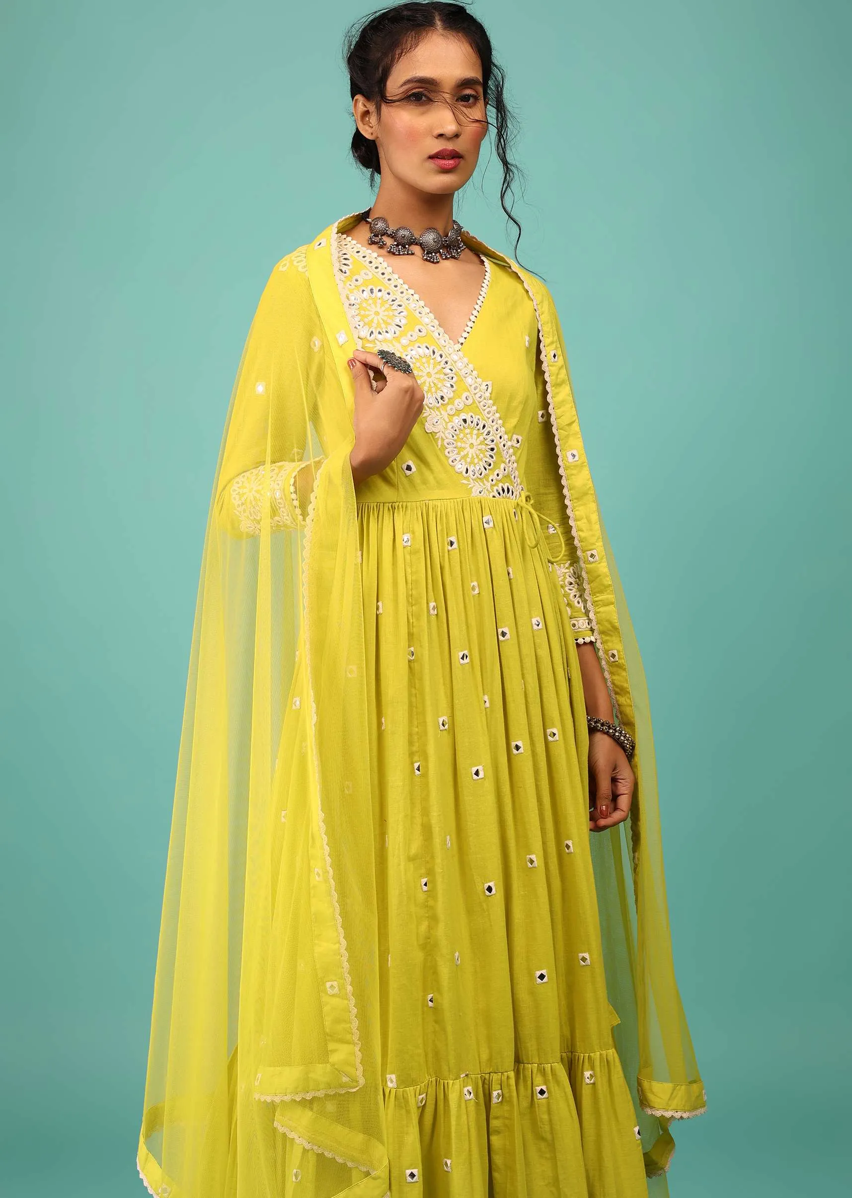 Lime Yellow Anarkali Kurta In Lucknowi Floral Embroidery With Angrakha Pattern & Surplice Neckline