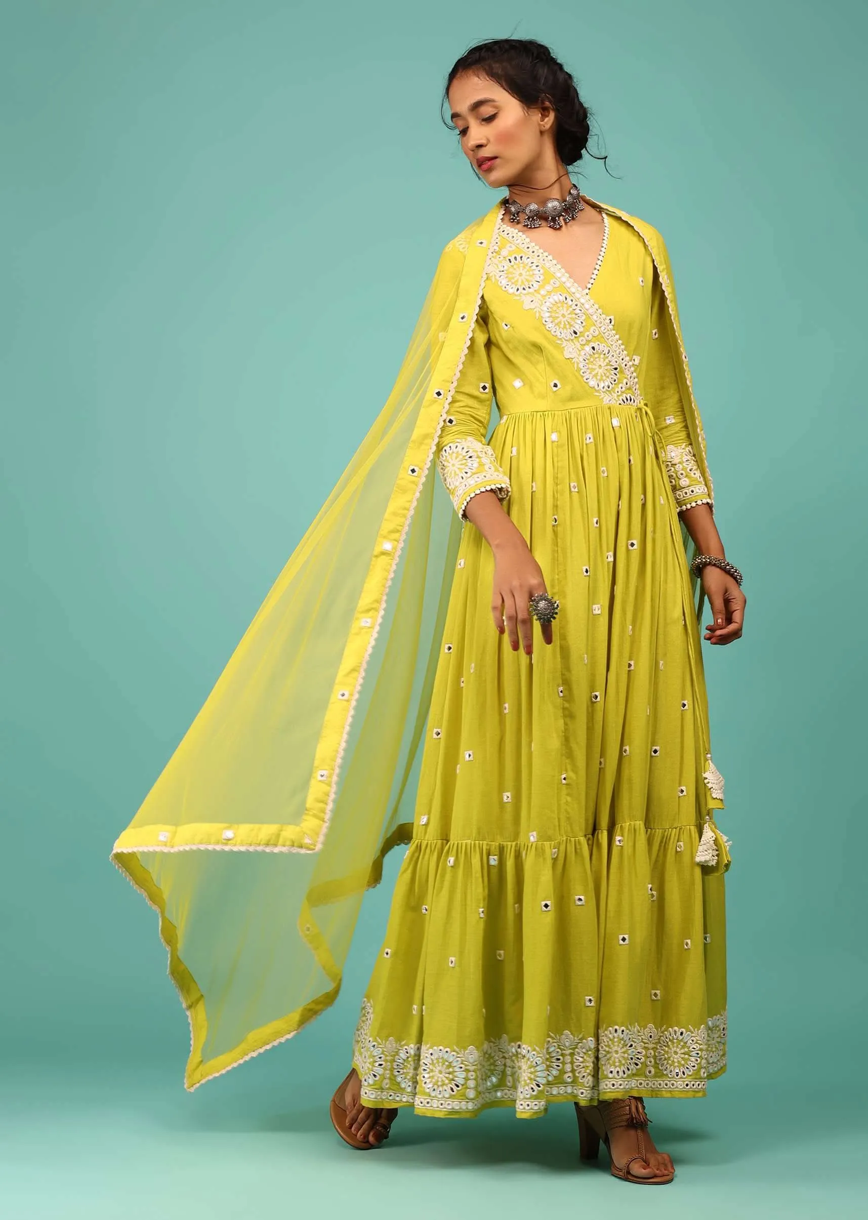 Lime Yellow Anarkali Kurta In Lucknowi Floral Embroidery With Angrakha Pattern & Surplice Neckline