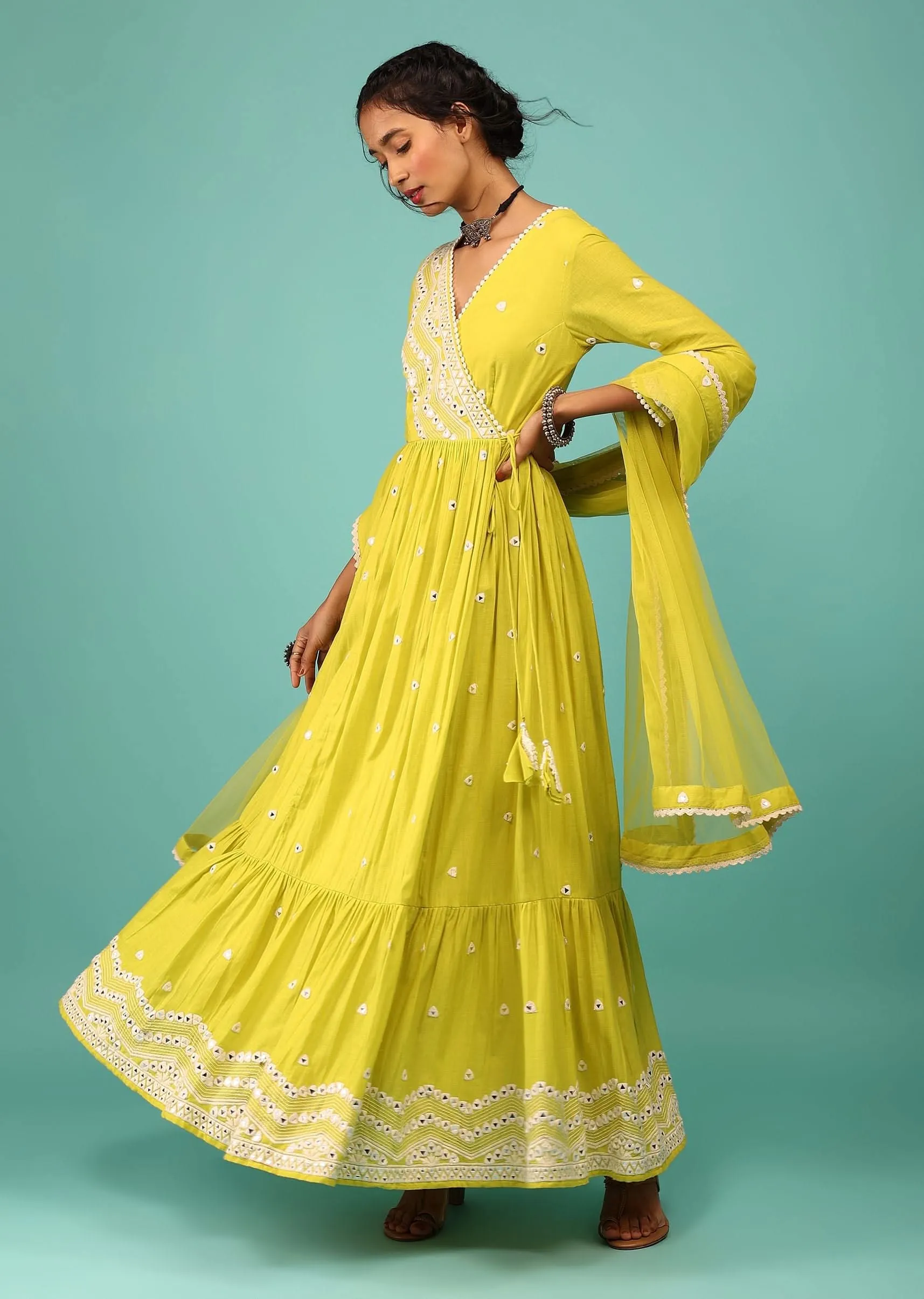 Lime Yellow Anarkali Kurta In Lucknowi Geometric Embroidery With Angrakha Pattern & Bottom Frill