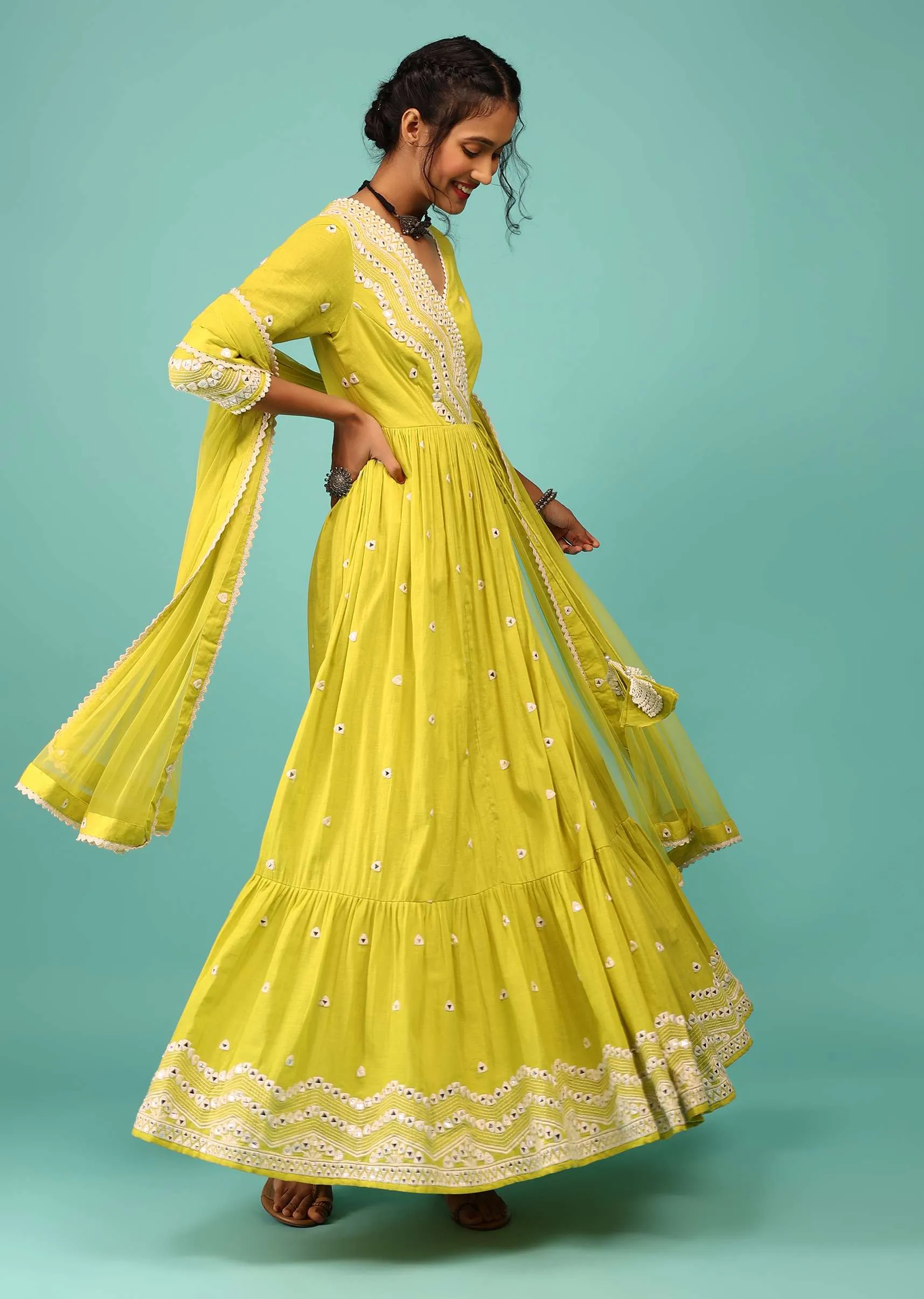 Lime Yellow Anarkali Kurta In Lucknowi Geometric Embroidery With Angrakha Pattern & Bottom Frill