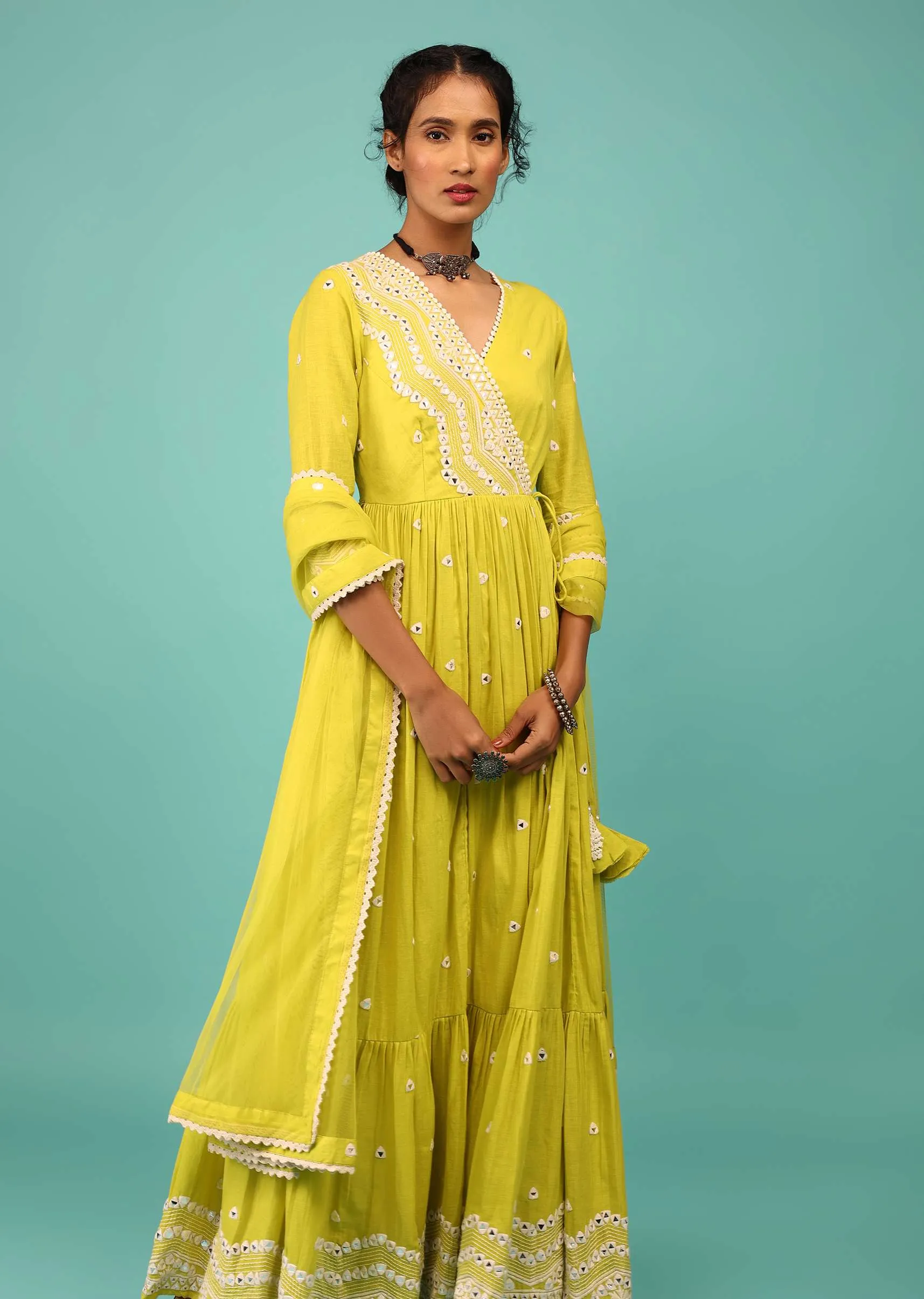 Lime Yellow Anarkali Kurta In Lucknowi Geometric Embroidery With Angrakha Pattern & Bottom Frill
