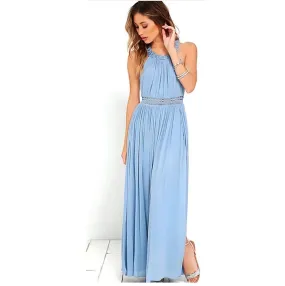 LuLus Blue Crochet Maxi Halter Dress with Thigh High Slit. Size S