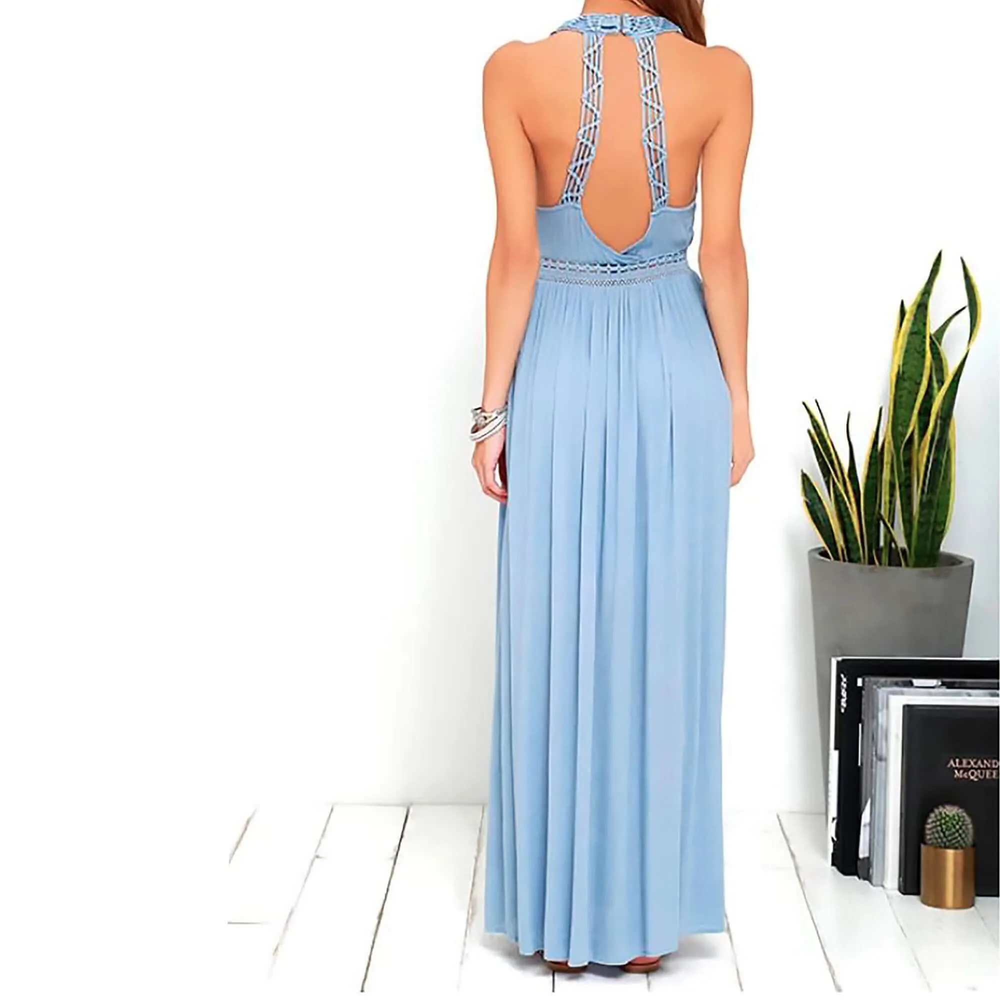 LuLus Blue Crochet Maxi Halter Dress with Thigh High Slit. Size S