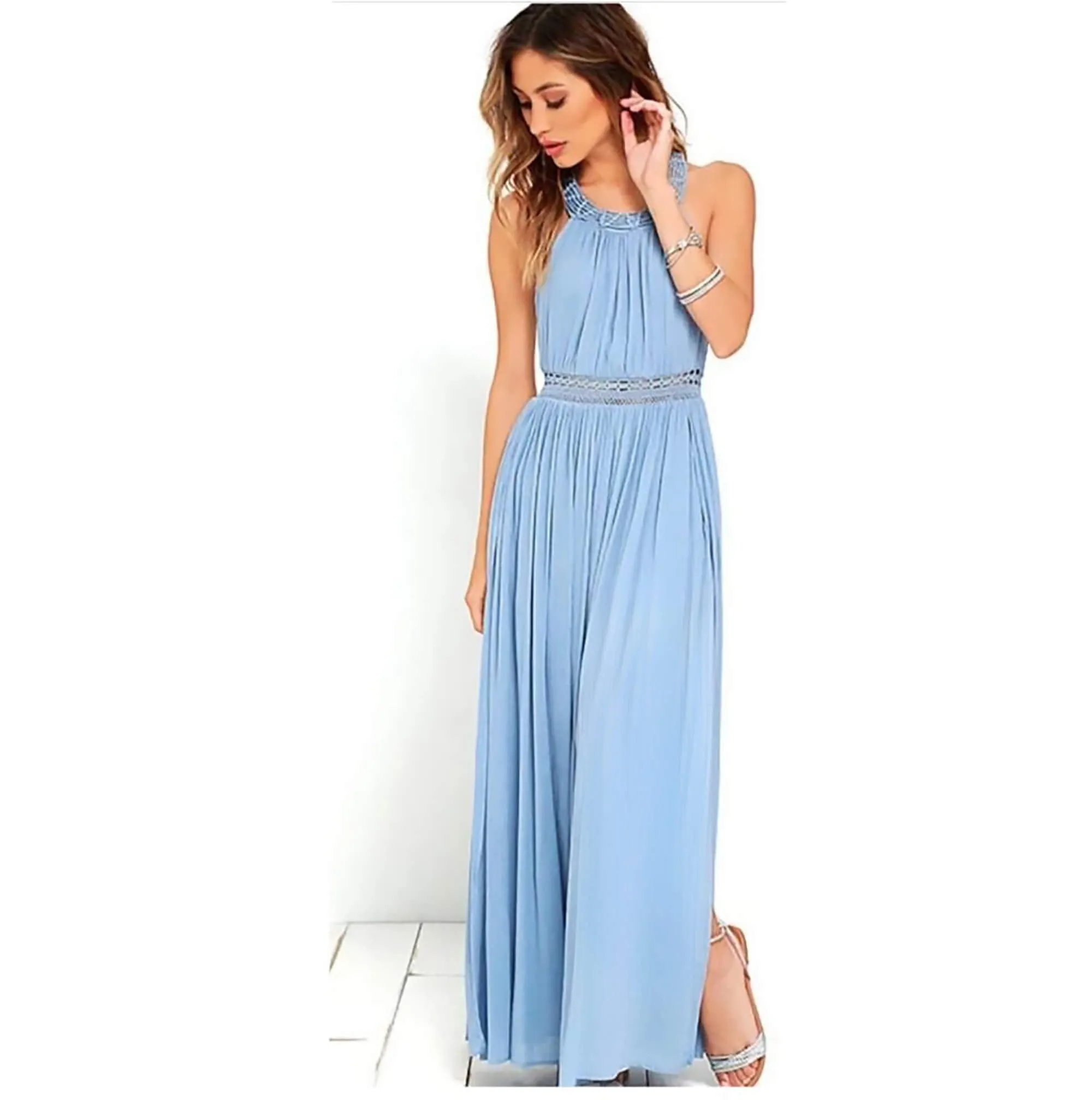 LuLus Blue Crochet Maxi Halter Dress with Thigh High Slit. Size S