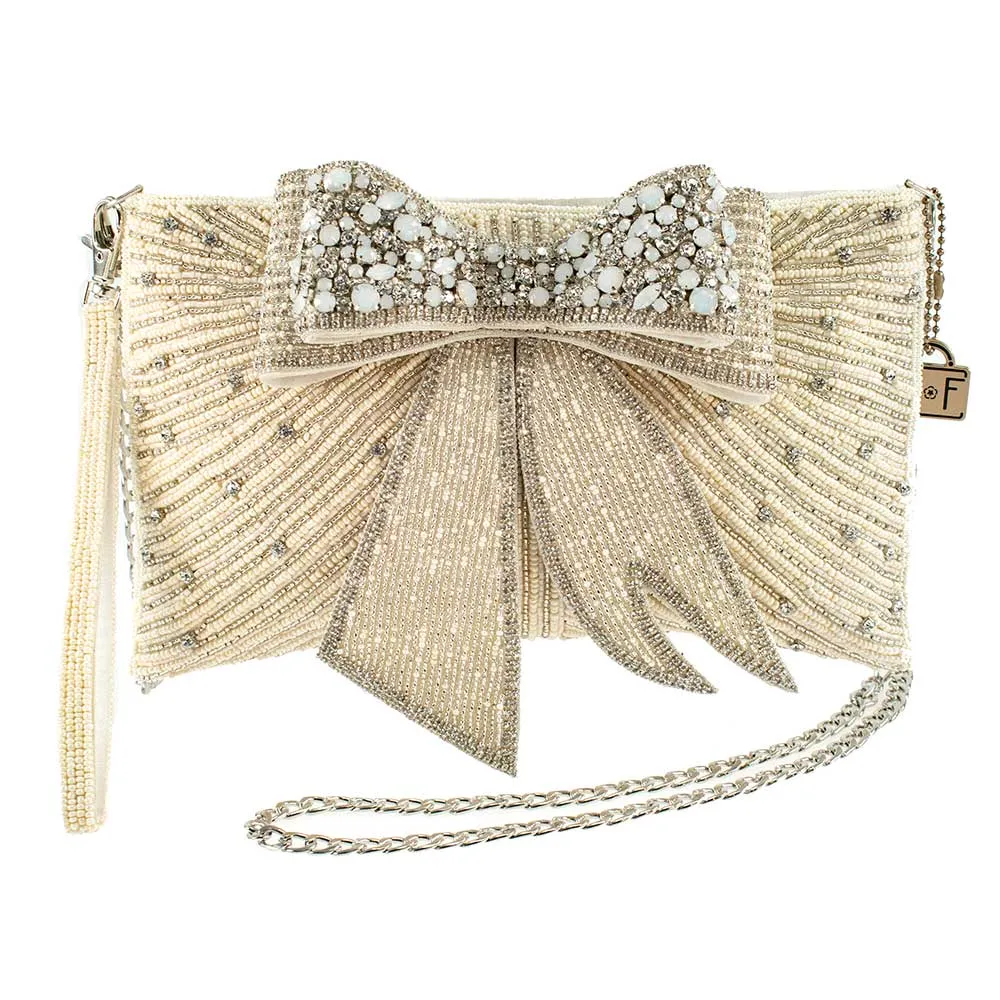 Mary Frances Cherish, Embellished 3-D Bow Crossbody Bridal Clutch White Bride Bag Handbag New
