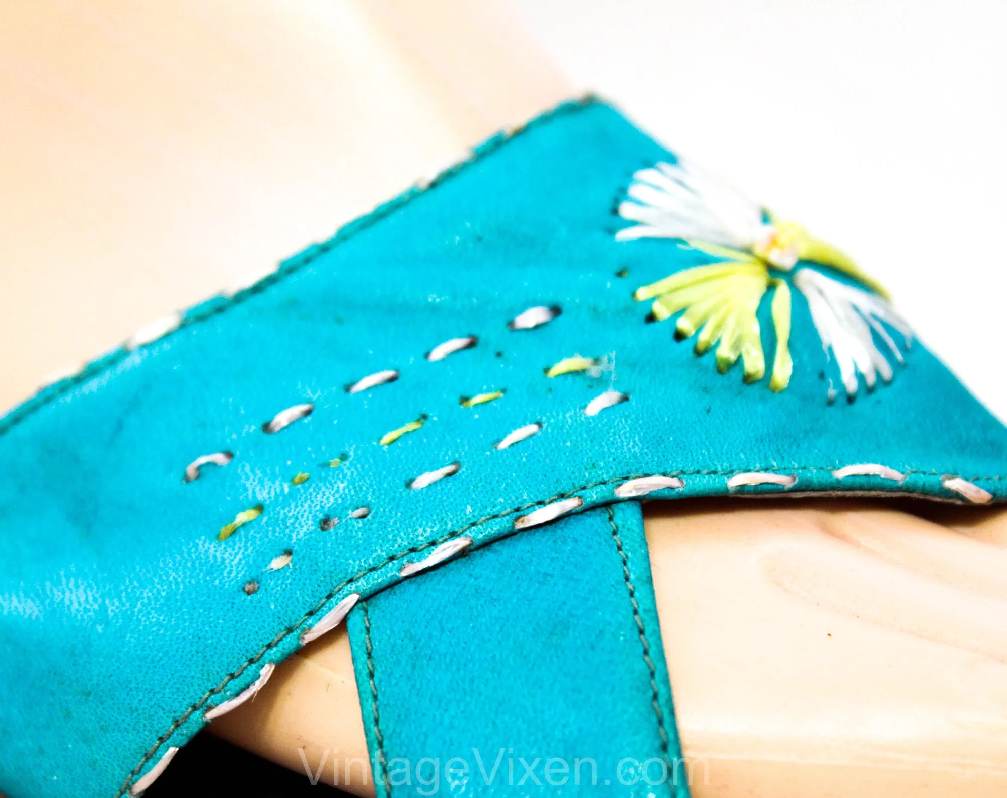Size 7.5 Exotic Turquoise Sandals - 1960s Aqua Blue Leather Summer Shoes - Persian Style Magic Carpet Slides - Upturned Point Toes - 7 1/2 B